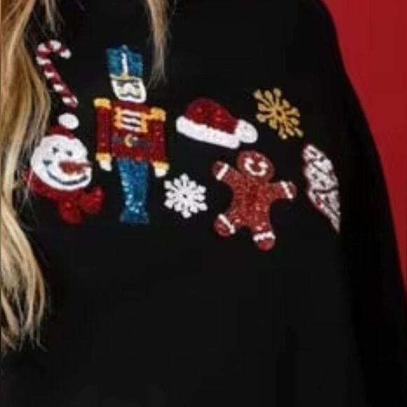 Christmas Sequin Black Cropped Sweatshirt Nutcracker Snowman Gingerbread Man sz - Picture 2 of 5